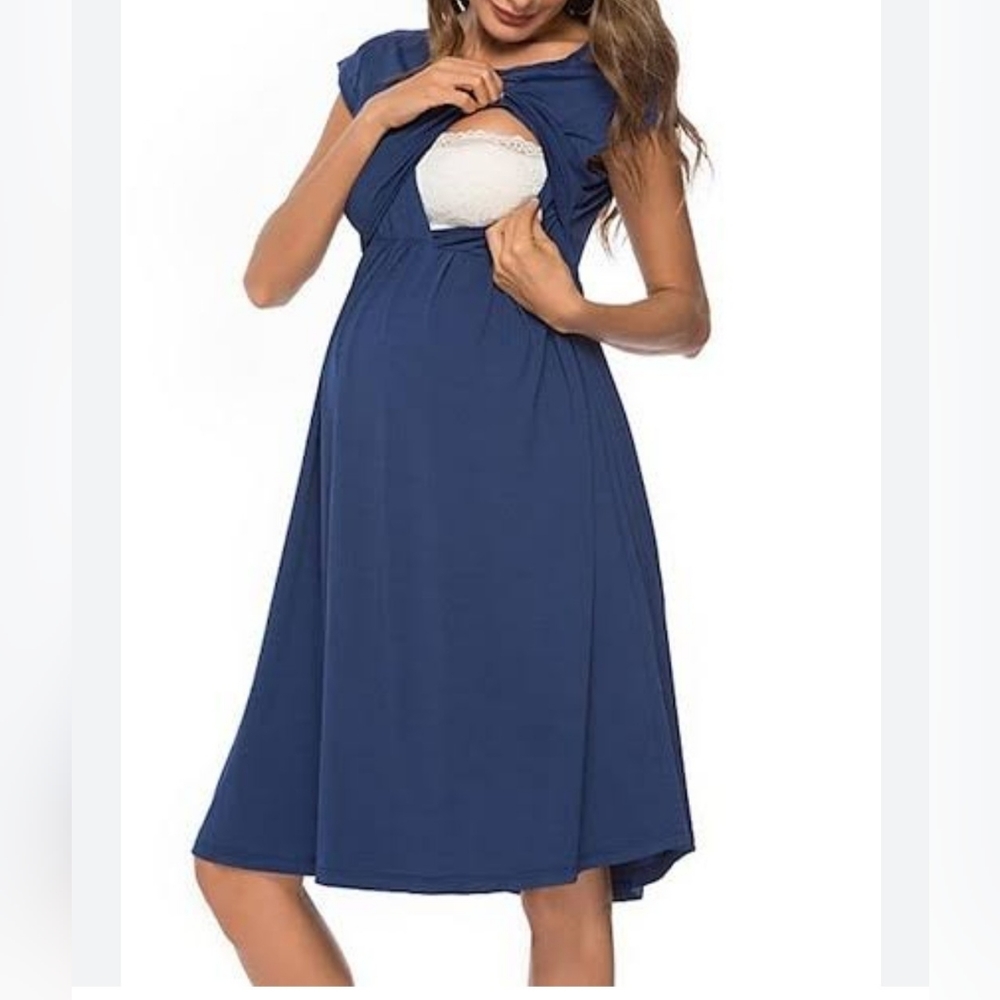NWOT- Casual Dark Blue A-Line Midi  Nursing Maternity Dress